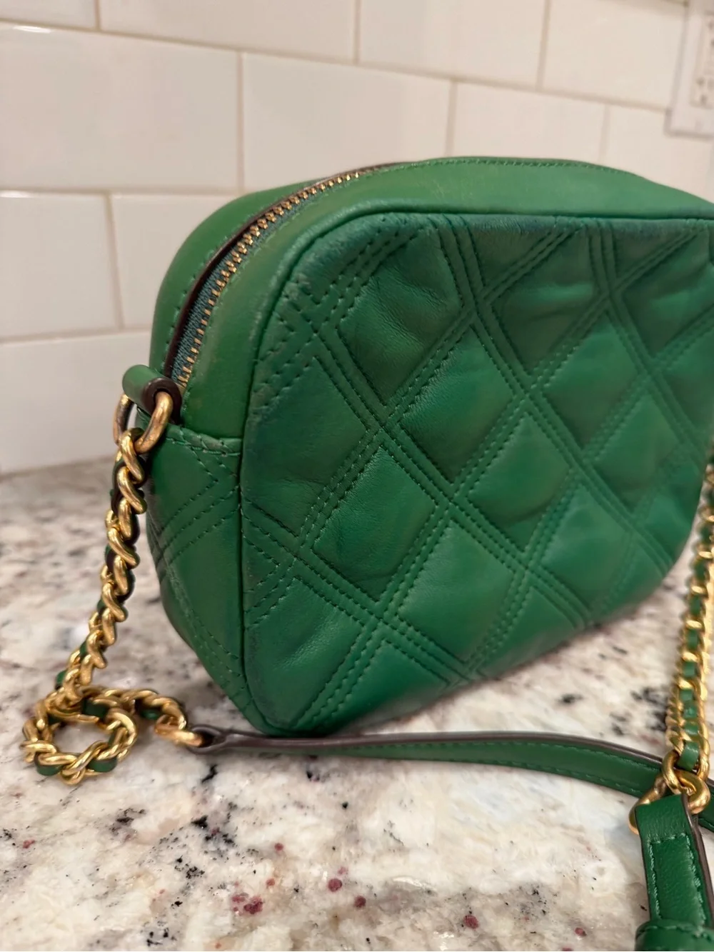 Tory Burch Green Quilted Leather Crossbody Bag with Chain Strap